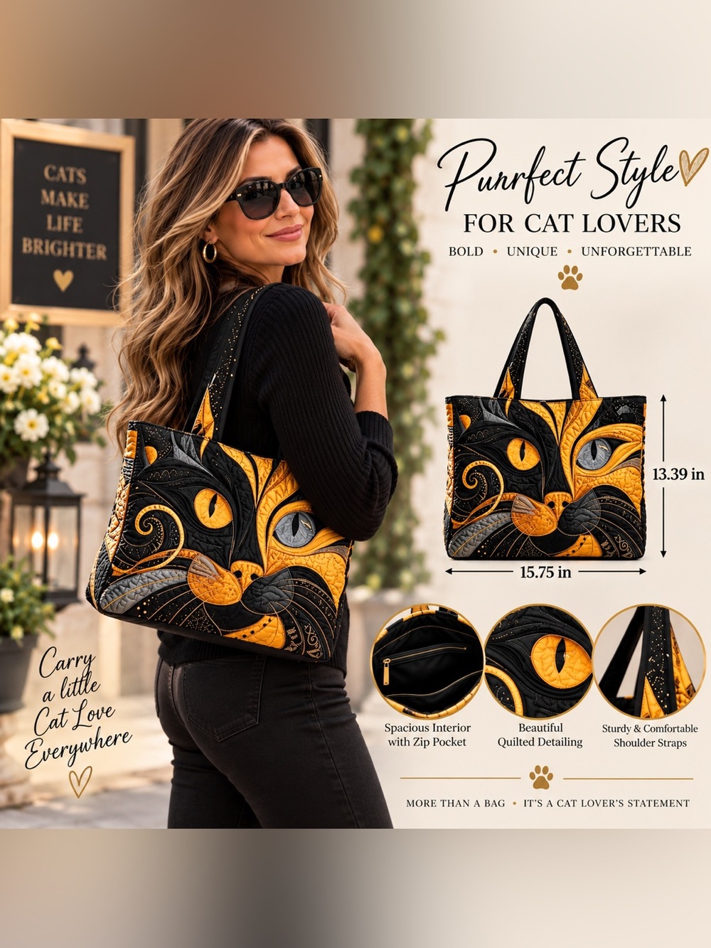 Quilted Cat Face Tote Bag - Black & Gold
